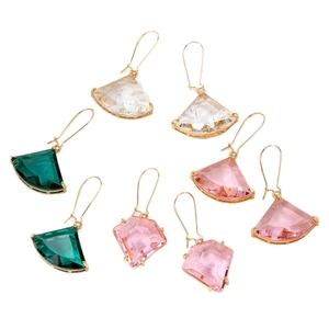 Elegant geometric fan-shaped crystal earrings with gold hardware in four assorted colors