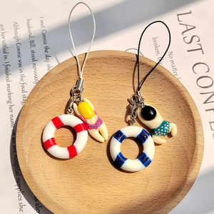 Cartoon Summer Swimmer Lifebuoy Phone Charm Cute Resin Astronaut Figure Polka Dot Swimsuit Keychain Bag Pendant Decor