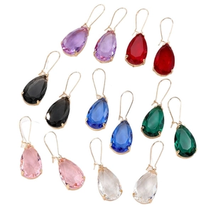 Elegant teardrop crystal drop earrings in seven vivid colors with gold-tone hooks