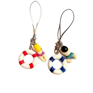 Cartoon summer swimmer mini charms with colorful lifebuoy rings for bags and keys
