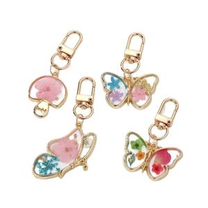 Bohemian transparent resin keychain set with natural dried flowers and gold leaf butterflies