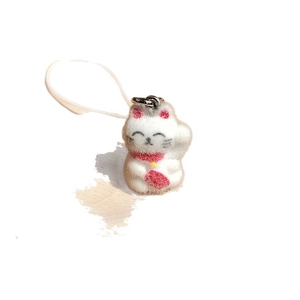 Cute white flocked lucky cat keychain with red scarf, bell, and metal clasp for bags