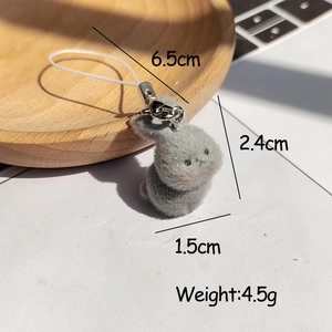 Cute grey flocked bunny keychain with white lanyard and silver clip for bags and phones