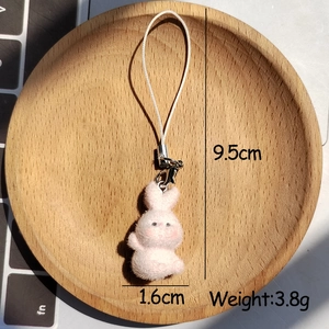 Pink flocked rabbit keychain with white strap and metal clasp, length 9.5cm