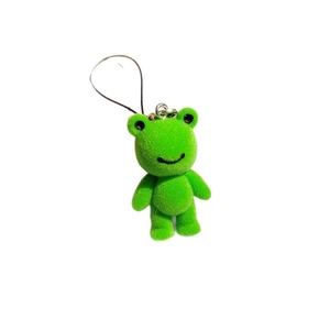 Porte-clés grenouille floquée verte mignonne avec texture peluche et anneau argenté