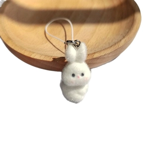 Cute white flocked rabbit keychain with pink blush details and silver lobster clasp