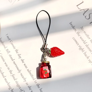 Realistic strawberry and jam bottle resin keychain pendant with black lanyard
