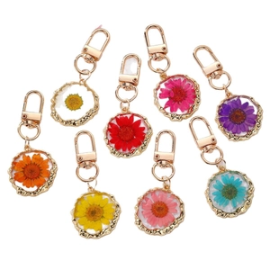 Set of 8 colorful daisy dried flower resin keychains with golden metal borders