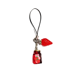 Realistic strawberry and jam bottle keychain pendant with resin details for bags