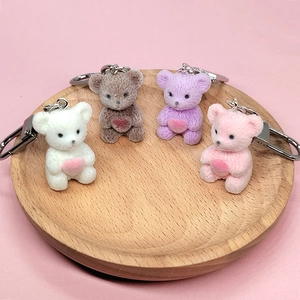 Cute Flocked Teddy Bear Keychain Plastic Resin Alloy Metal Heart Pendant For Women Girl Bag Decor Accessory Gift