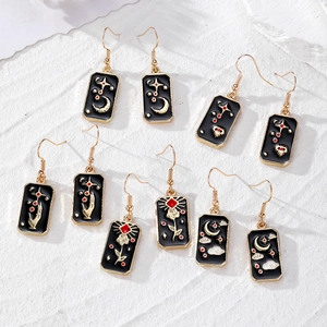 Vintage Tarot Card Style Enamel Drop Earrings Moon Star Evil Eye Rose Mystical Pattern Gold Plated Alloy Jewelry For Women