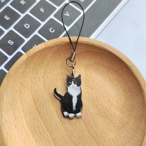 Dettaglio di portachiavi in acrilico con gatto bianco e nero e cordino su vassoio in legno