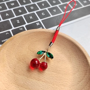 Mini resin cherry charm for phones and bags with red beads and green rhinestones
