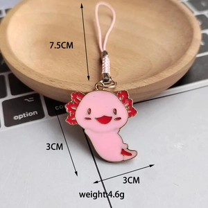 Detailed close-up of pink enamel axolotl keychain showing 3cm dimensions and weight info