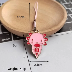 Detailed view of pink axolotl metal charm with size 3cm x 2.5cm and weight 4.1g