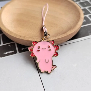 Cute pink axolotl enamel keychain with pink braided lanyard and gold metal details
