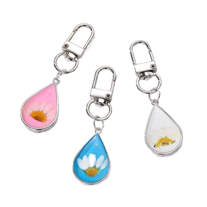 Daisy dried flower resin teardrop keychain with colorful beads and silver metal hook