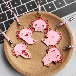 Cute Cartoon Axolotl Alloy Enamel Keychain Pink Dinosaur Animal Bag Pendant With Braided Rope Charm Phone Strap Jewelry