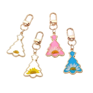 Porte-clés sapin de Noël avec fleurs marguerites et cadres dorés en résine colorée