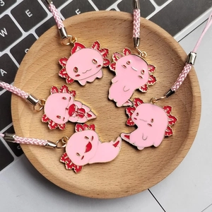 Set of five cute pink axolotl enamel charms on pink braided ropes for phone or bag