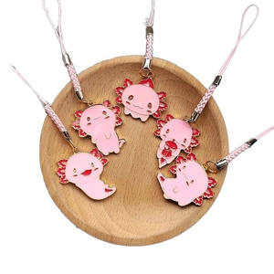 Set of 5 cute pink axolotl alloy keychains with cartoon dinosaur charms and braided lanyards