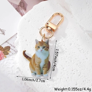 Acrylic orange white cat keychain pendant measuring 4cm with gold hardware on stone base