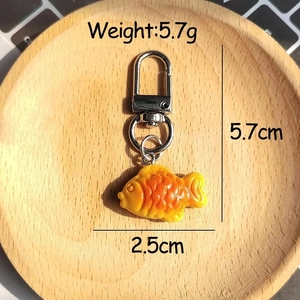 Creative resin taiyaki fish cookie keychain charm with silver lobster clasp and ring