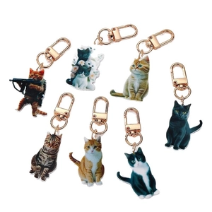 Set of 7 cartoon acrylic cat keychains with golden hooks featuring various breeds and memes