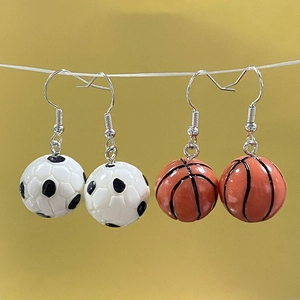 Creative resin 3D basketball and football drop earrings with silver metal hooks for women