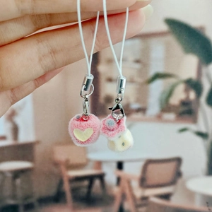 Pink heart plush apple keychain set with fuzzy charms and silver lobster clasps for bags