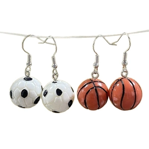 3D basketball and soccer ball drop earrings made of resin with silver hooks