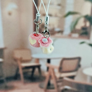 Cute flocked pink heart apple and flower keychains with silver metal hooks for bags