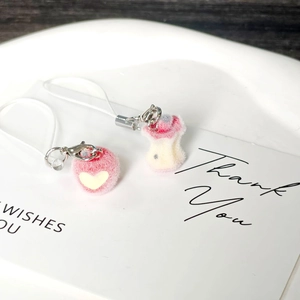 Flocked red heart apple and pink mushroom keychain set with metallic lobster clasp charms