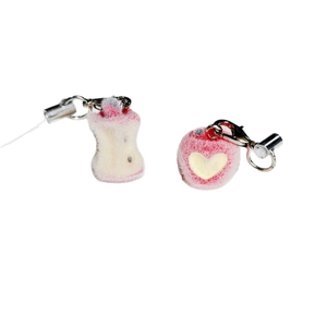 Pink flocked heart apple and core keychains with silver metal hooks for bags