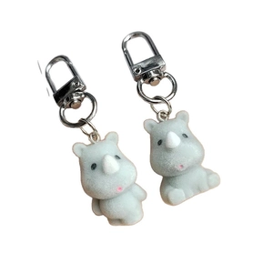 Pair of cute gray flocked rhino keychains with pink blush and silver metal clasps