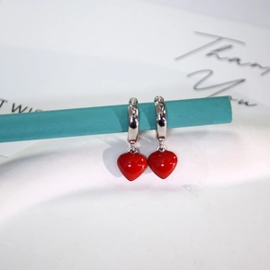 Fashion heart drop earrings with silver hoops and glossy red enamel heart pendants