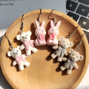 Cute Flocked Animal Drop Earrings Kawaii Bear Rabbit Koala Dangle Earrings Soft Plush Texture Jewelry For Women Girls Gift