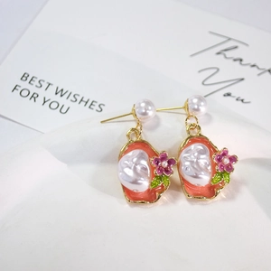 French vintage Monet garden irregular pearl floral earrings in gold with pink enamel