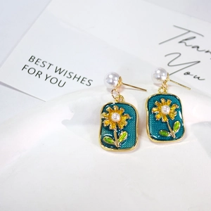 French Monet Garden floral earrings with yellow daisy, green enamel, and pearls