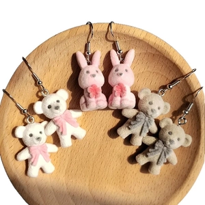 Cute flocked animal keychains featuring pink rabbit and bears with bowknots for women