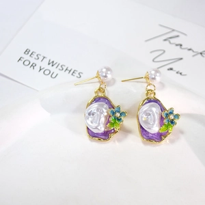 French vintage Monet garden irregular purple enamel pearl earrings with floral details