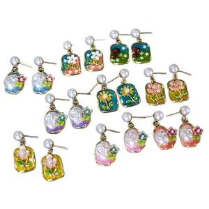 French vintage enamel floral pearl earrings in irregular square and round shapes