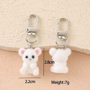Detailed size view of a white flocked bear keychain with metal clip and dimensions