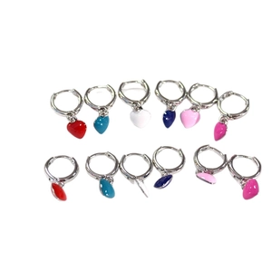 Set of 12 colorful alloy heart drop earrings with silver hoops and enamel finish