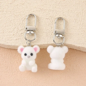 Front and back view of cute white flocked bear pendants with silver metal clasps