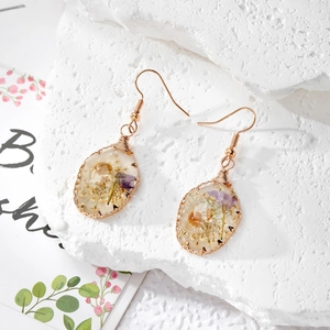 Handmade gold wire earrings with real dried flowers in resin droplets for women