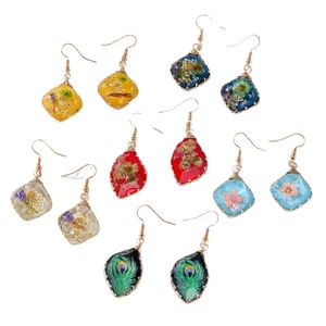 Handmade dried flower and peacock feather resin drop earrings with stainless steel hooks