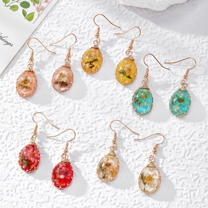 Handmade Pressed Real Flower Resin Earrings With Gold Foil Artificial Pearl Stainless Steel Hook Oval Botanical Jewelry For Women