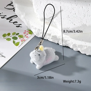 Flocked resin animal keychain with size dimensions 3cm width and 8.7cm strap length