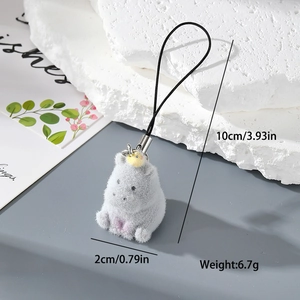 Detail of grey flocked hippo keychain with yellow duckling on head and size dimensions